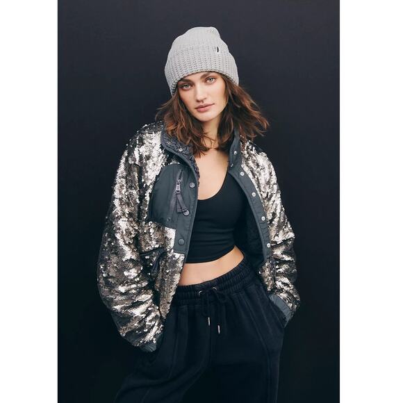 New Free People Hit The Slopes Sequin Jacket Size X-Small $298 Graphite - Picture 1 of 10
